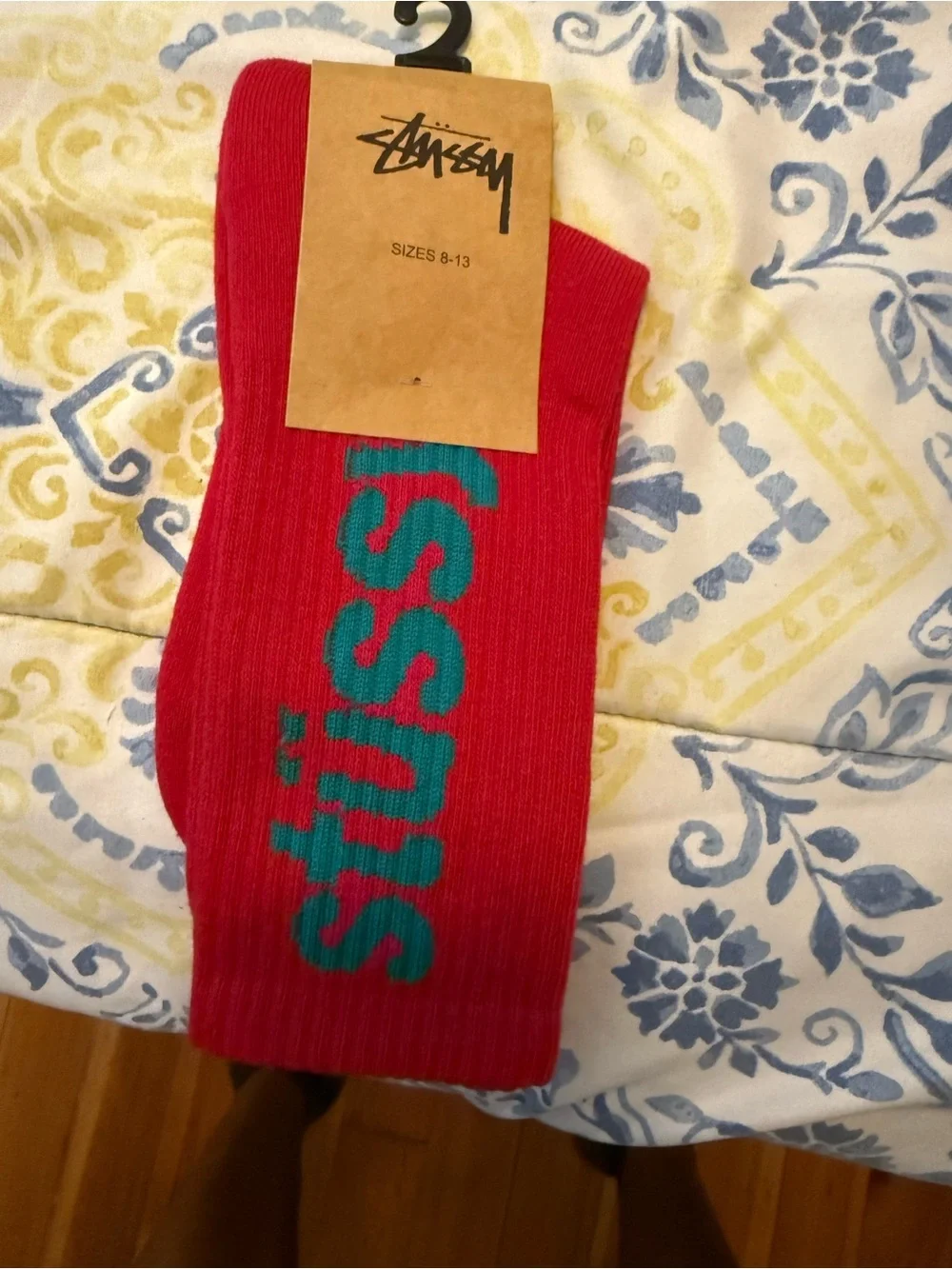 Stussy Helvetica Red Crew Socks with Teal Logo